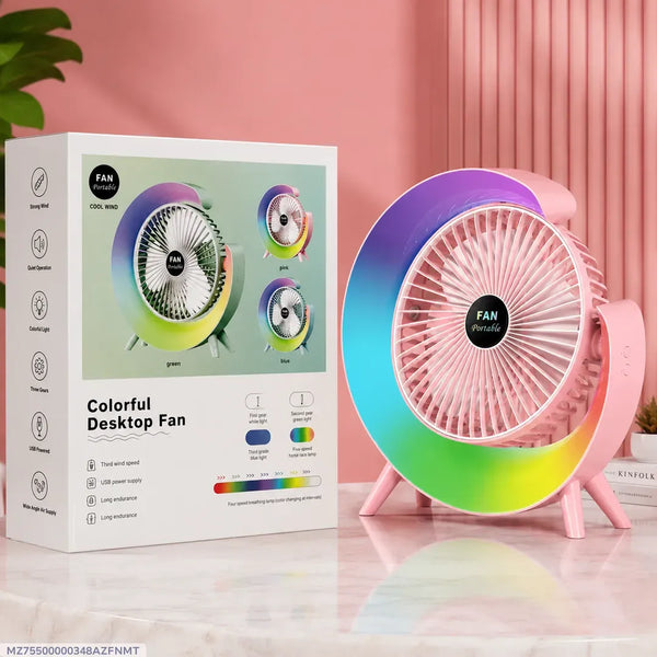 RGB LED Rechargeable Desktop Fan Portable USB Cooling Fan with 3 Speed Modes